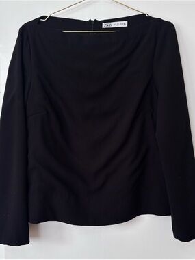 Zara| Modern Black Boatneck Long Sleeve Back-Zip Jacket Top Sz L
